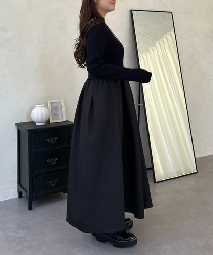 【前後兩穿】珍珠紐扣拼接喇叭連衣裙