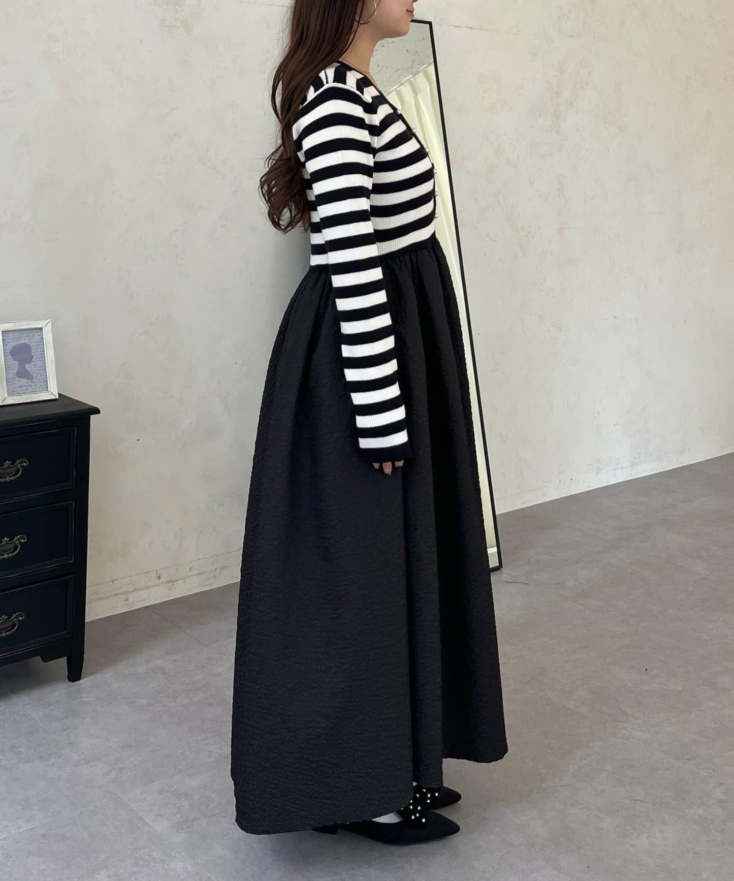 【前後兩穿】珍珠紐扣拼接喇叭連衣裙