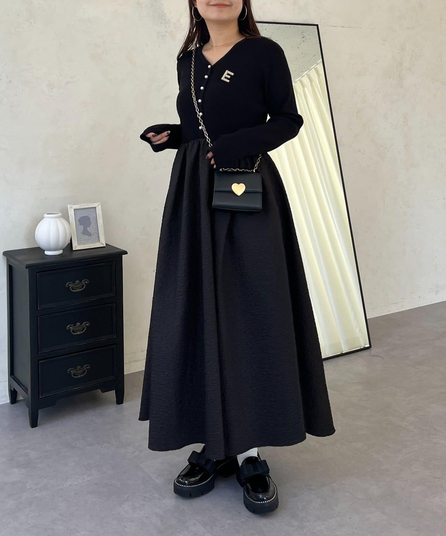 【前後兩穿】珍珠紐扣拼接喇叭連衣裙