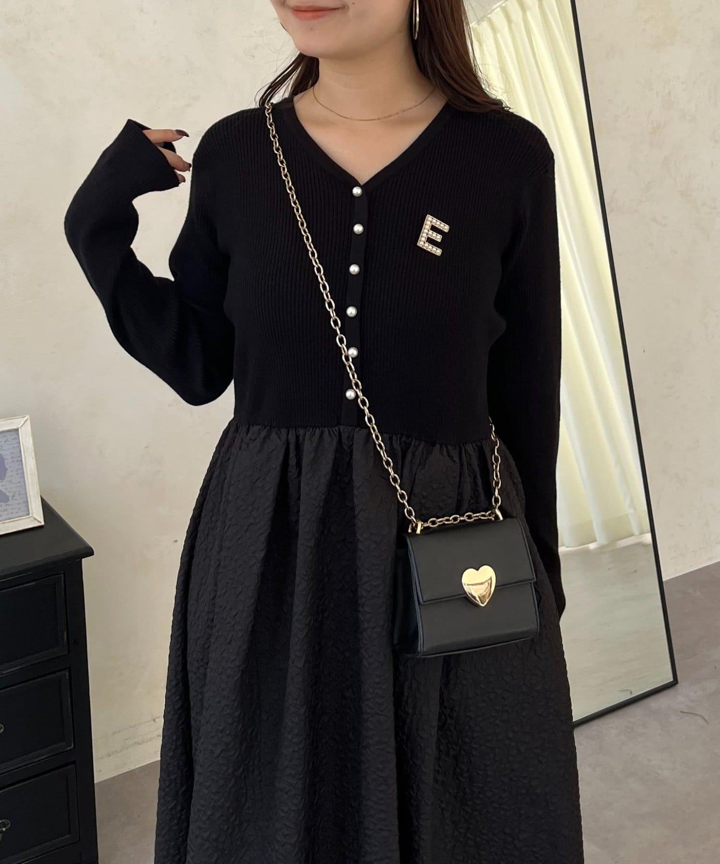 【前後兩穿】珍珠紐扣拼接喇叭連衣裙