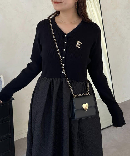 【前後兩穿】珍珠紐扣拼接喇叭連衣裙