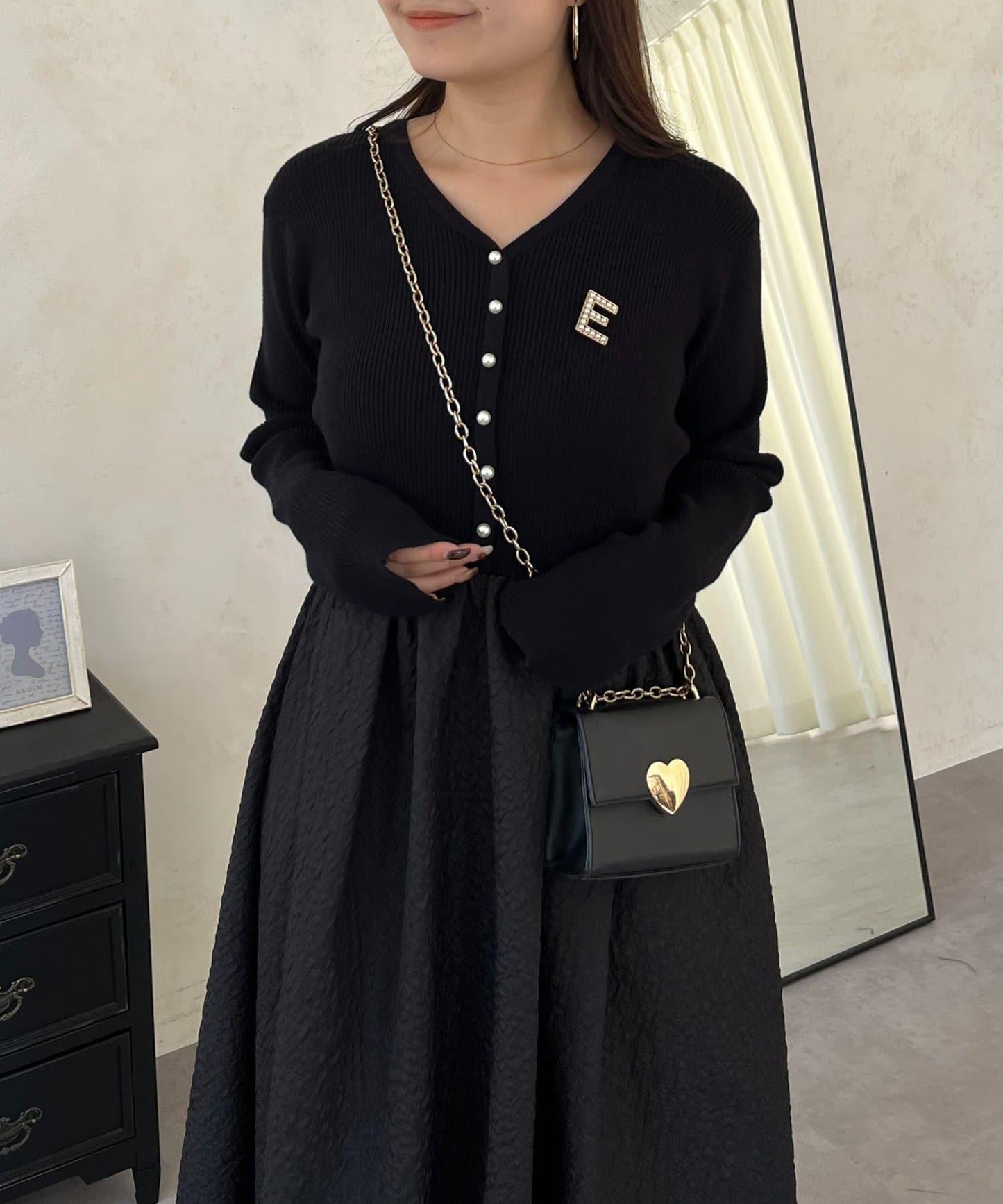 【前後兩穿】珍珠紐扣拼接喇叭連衣裙