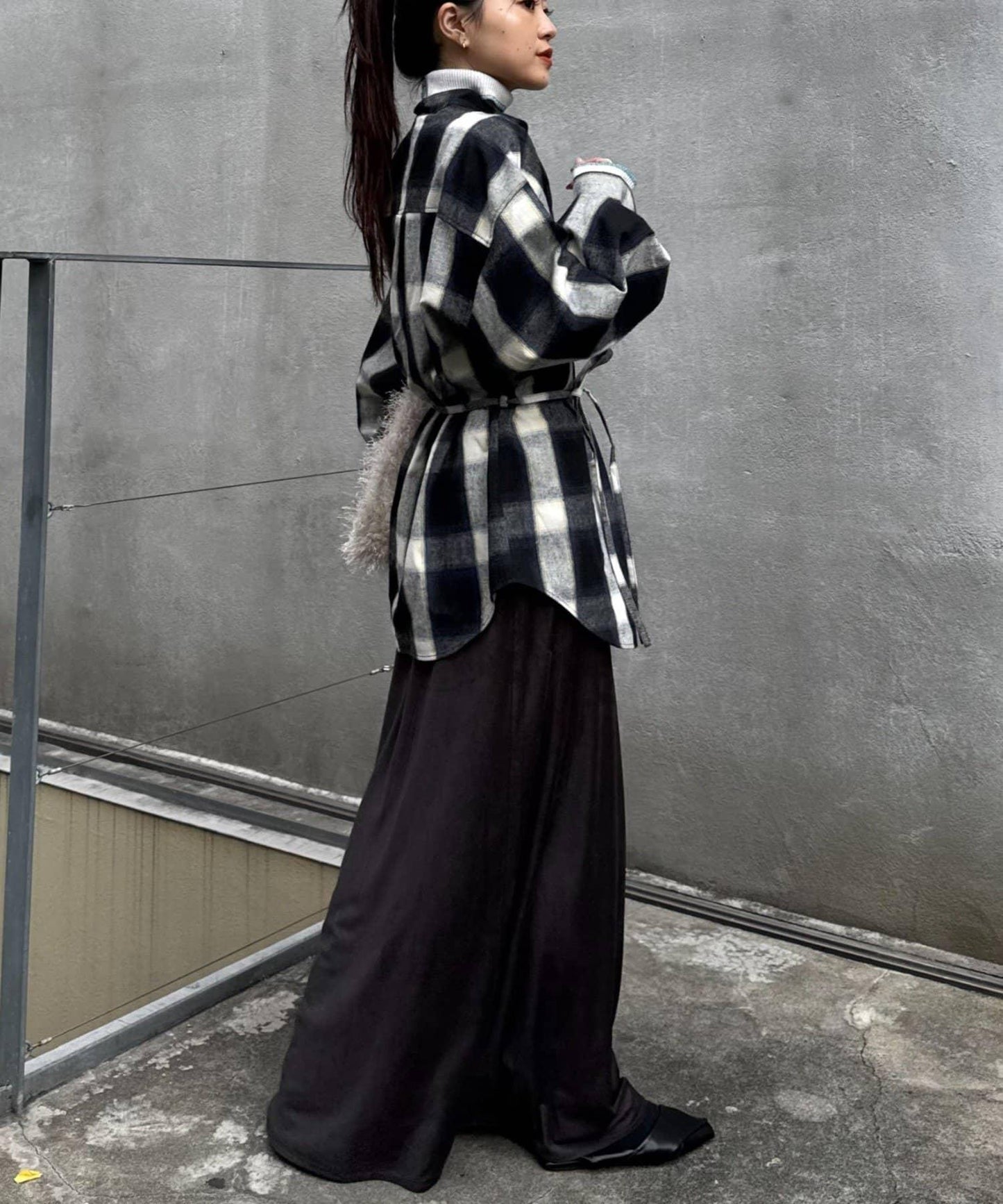 收腰格紋寬鬆襯衫