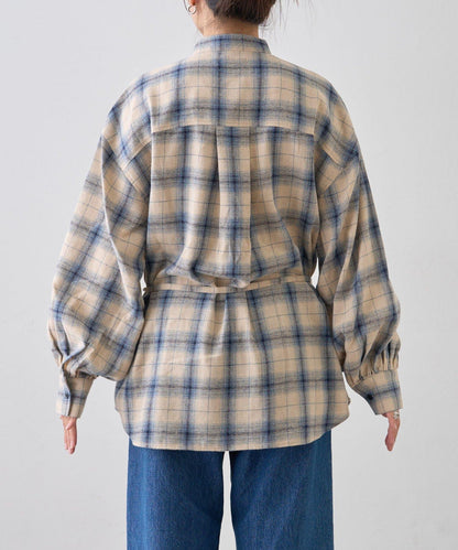 收腰格紋寬鬆襯衫