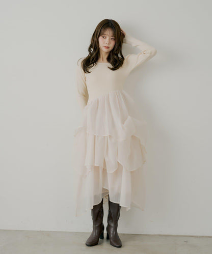 【SALON by Chico】褶皺網紗拼接長款連衣裙