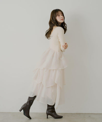 【SALON by Chico】褶皺網紗拼接長款連衣裙