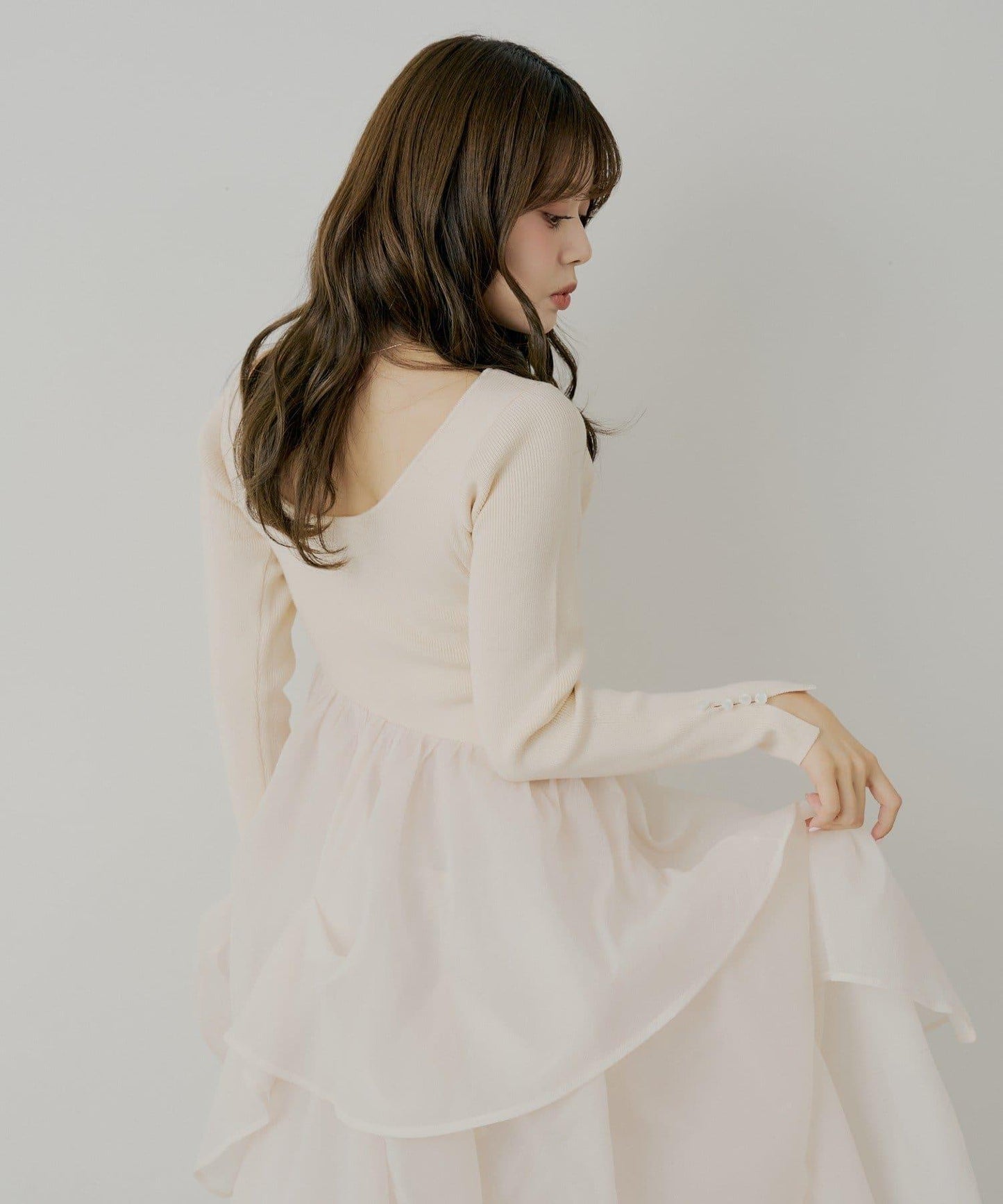 【SALON by Chico】褶皺網紗拼接長款連衣裙