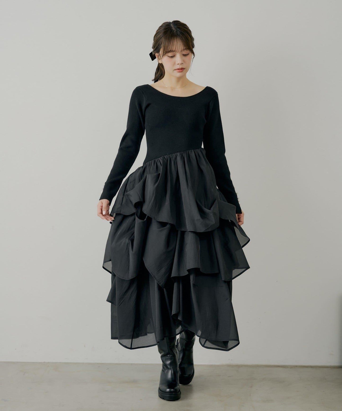 【SALON by Chico】褶皺網紗拼接長款連衣裙