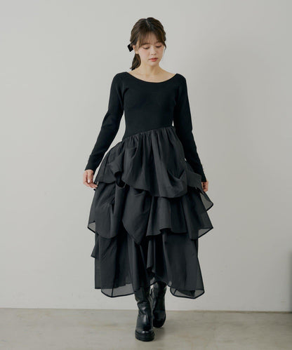 【SALON by Chico】褶皺網紗拼接長款連衣裙