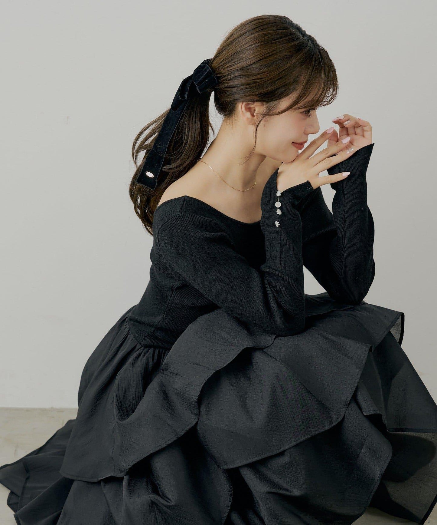 【SALON by Chico】褶皺網紗拼接長款連衣裙