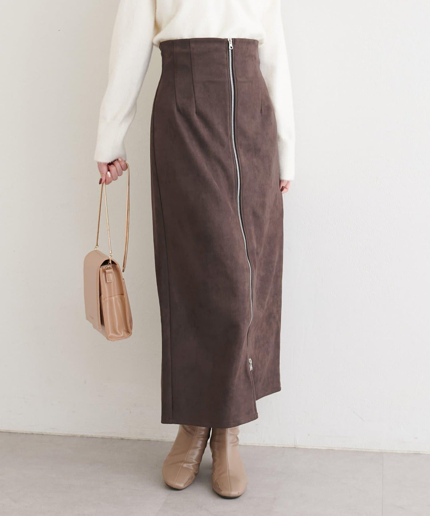 麂皮翻折腰半身裙