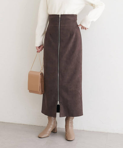 麂皮翻折腰半身裙