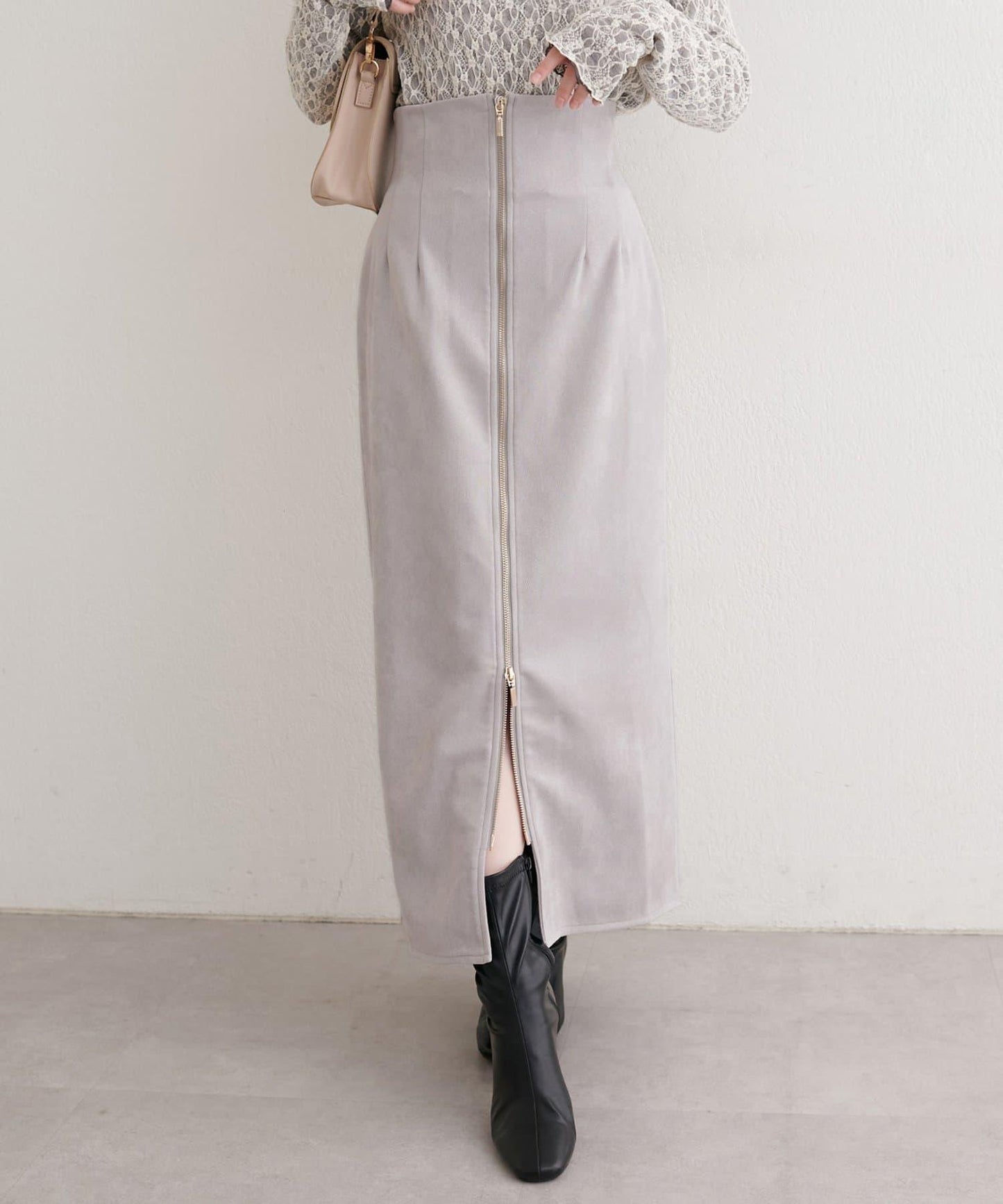 麂皮翻折腰半身裙