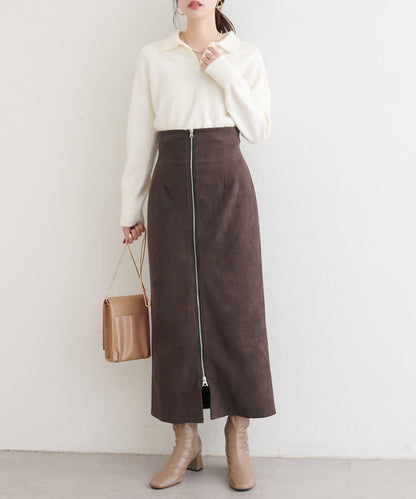 麂皮翻折腰半身裙