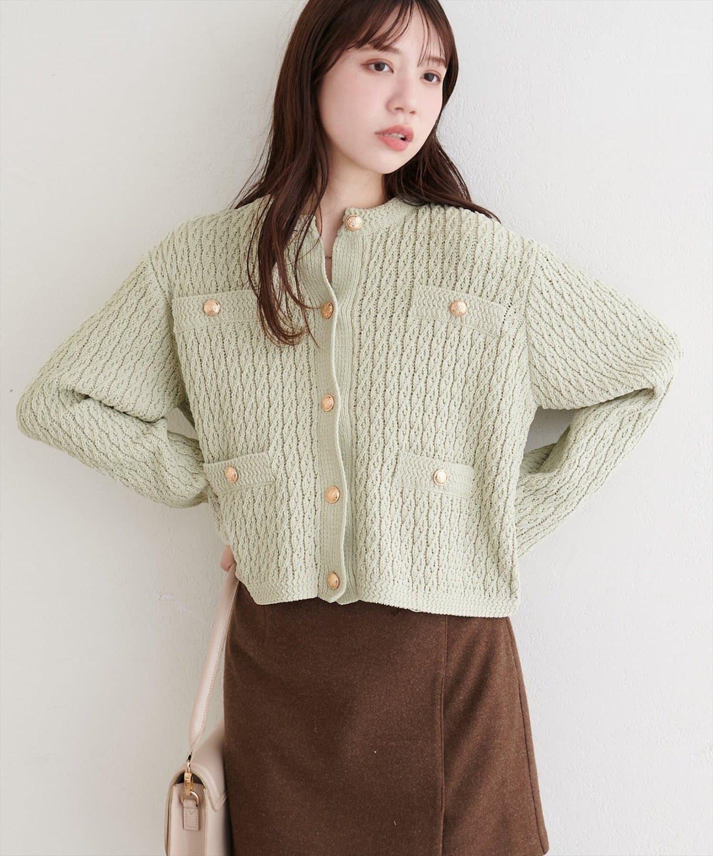 金色紐扣天鵝絨絨線麻花針織開衫