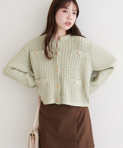 金色紐扣天鵝絨絨線麻花針織開衫