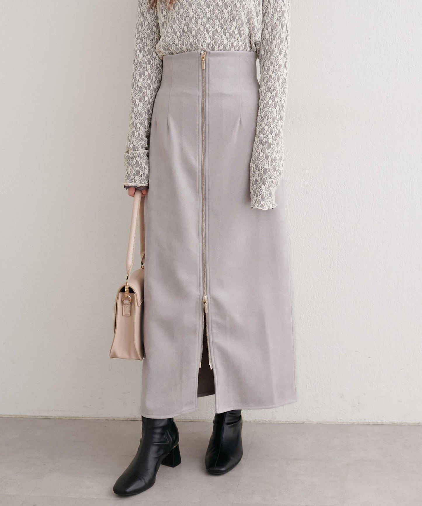 麂皮翻折腰半身裙