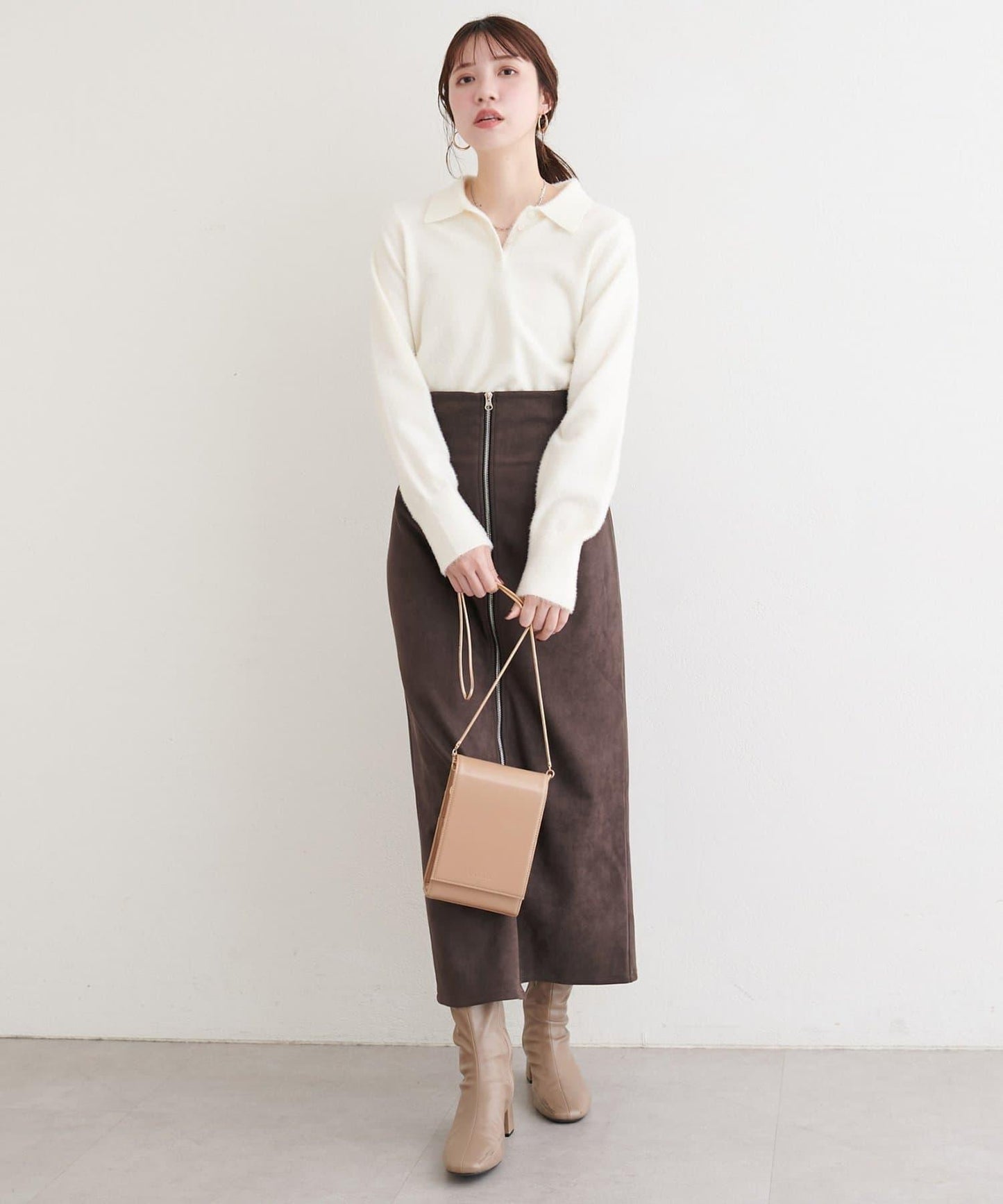 麂皮翻折腰半身裙