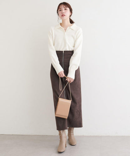 麂皮翻折腰半身裙