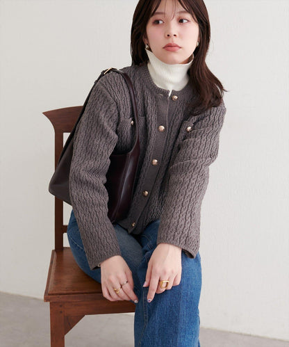 金色紐扣天鵝絨絨線麻花針織開衫