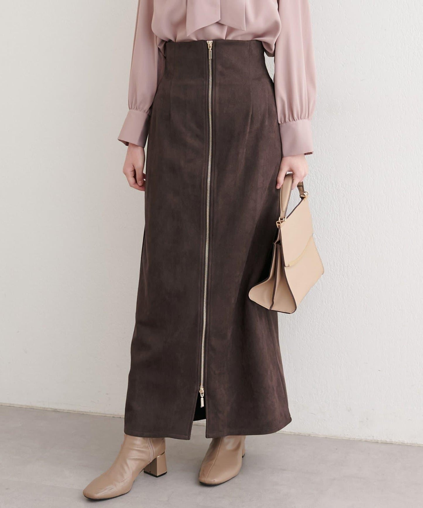 麂皮翻折腰半身裙