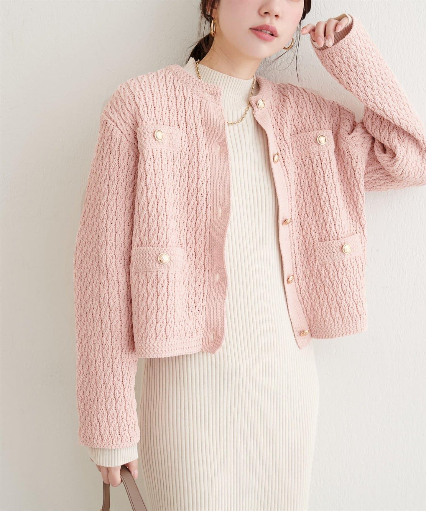 金色紐扣天鵝絨絨線麻花針織開衫