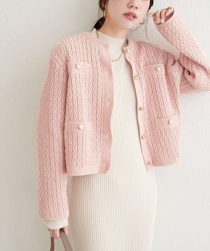 金色紐扣天鵝絨絨線麻花針織開衫