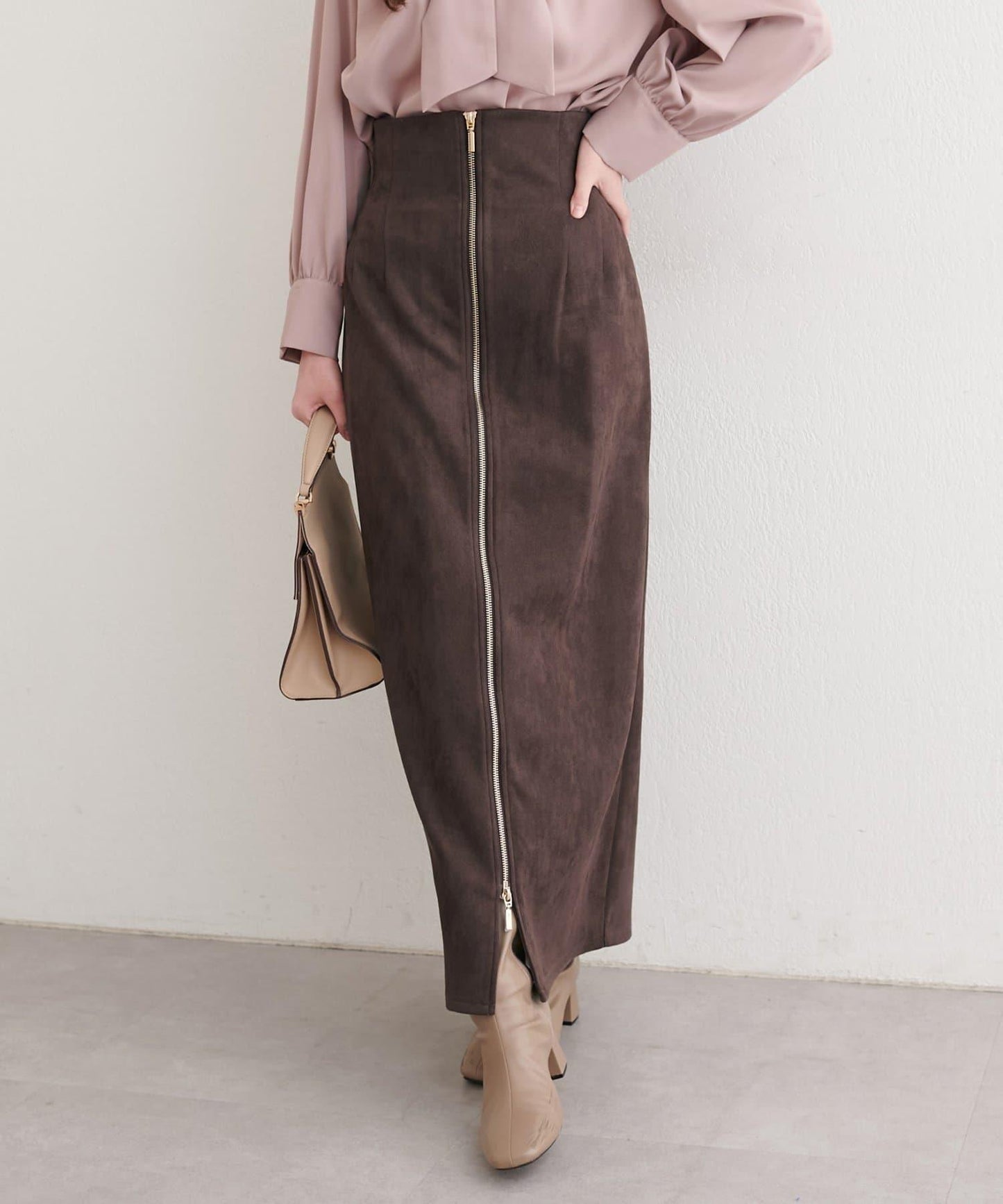 麂皮翻折腰半身裙