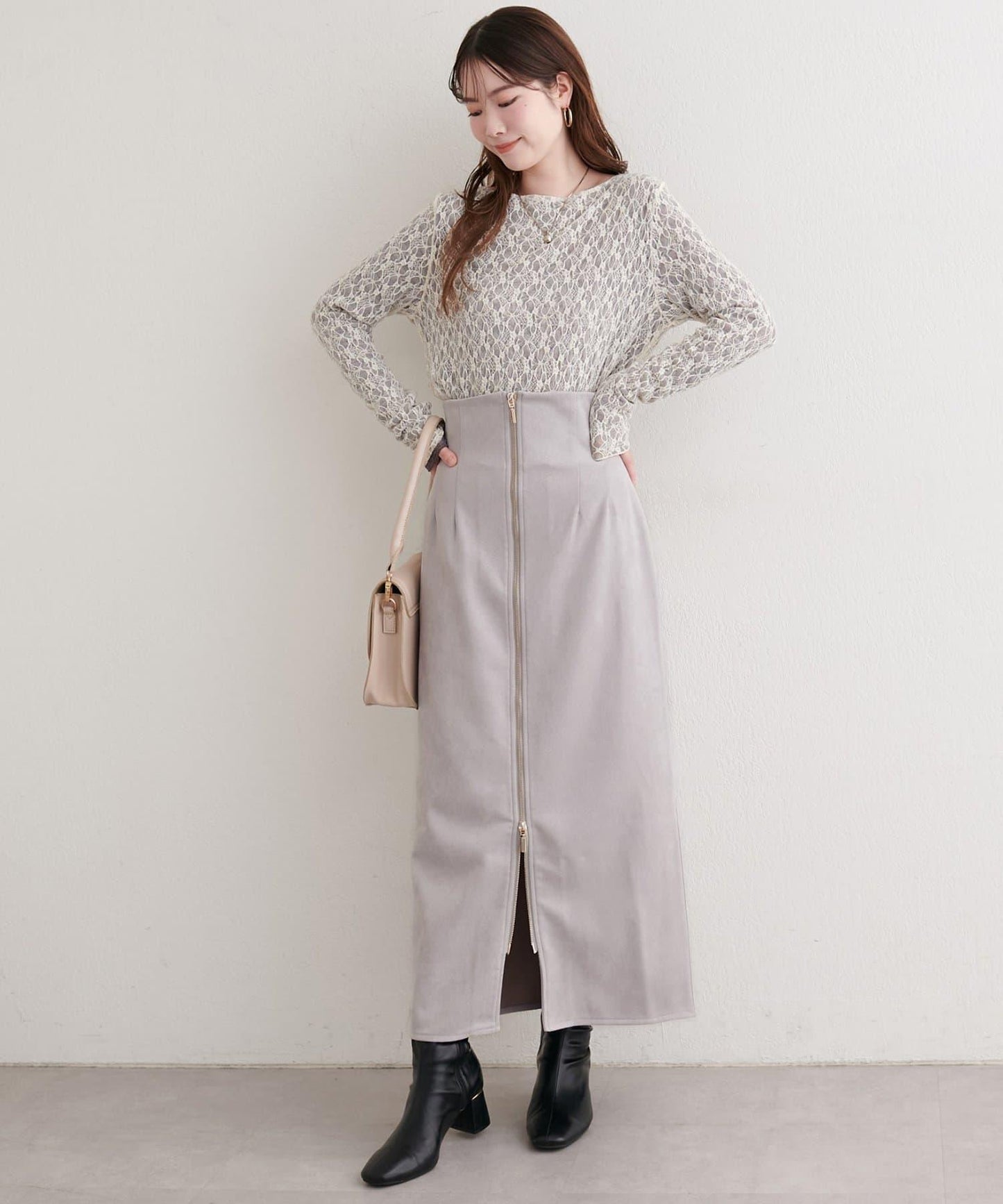 麂皮翻折腰半身裙