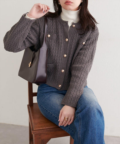 金色紐扣天鵝絨絨線麻花針織開衫