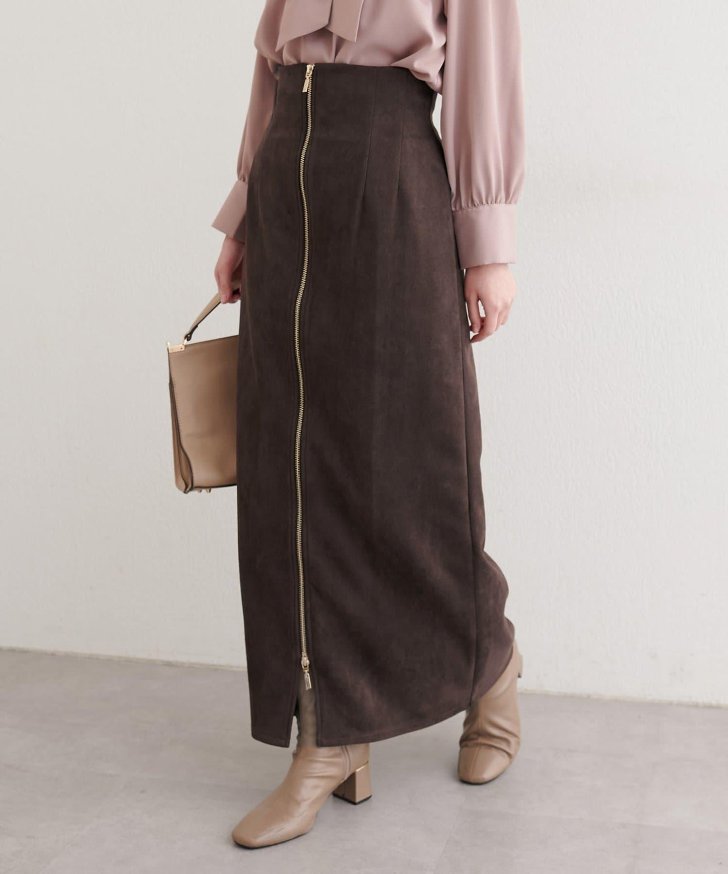 麂皮翻折腰半身裙