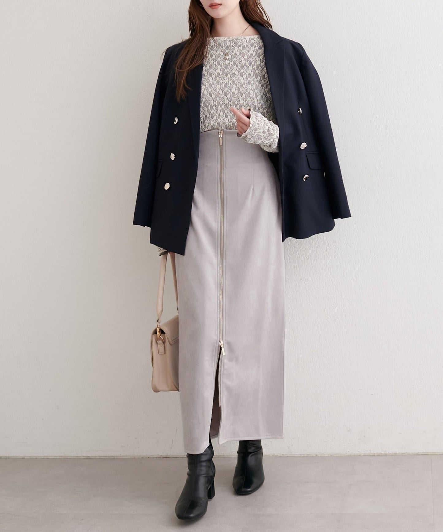 麂皮翻折腰半身裙