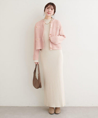 金色紐扣天鵝絨絨線麻花針織開衫