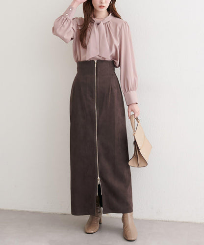 麂皮翻折腰半身裙