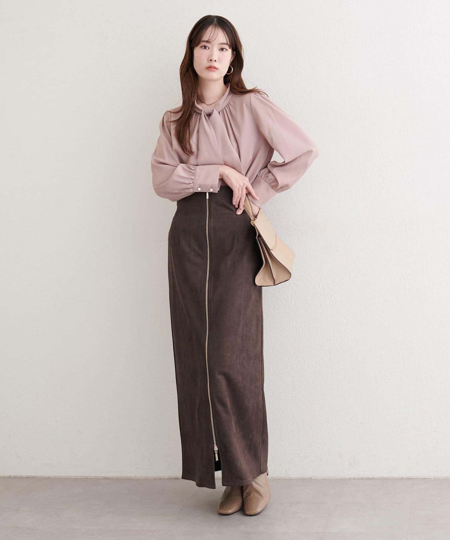 麂皮翻折腰半身裙