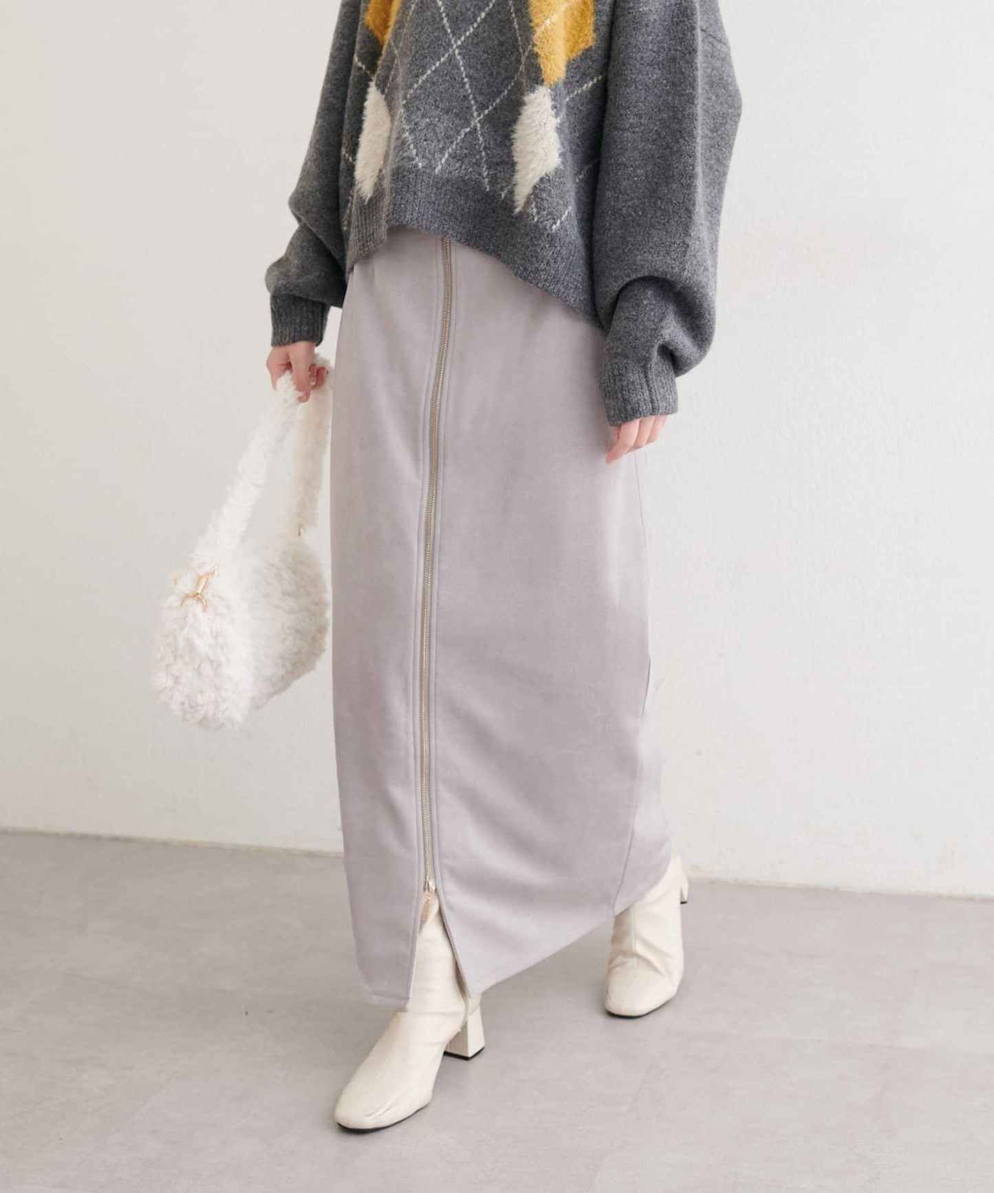 麂皮翻折腰半身裙