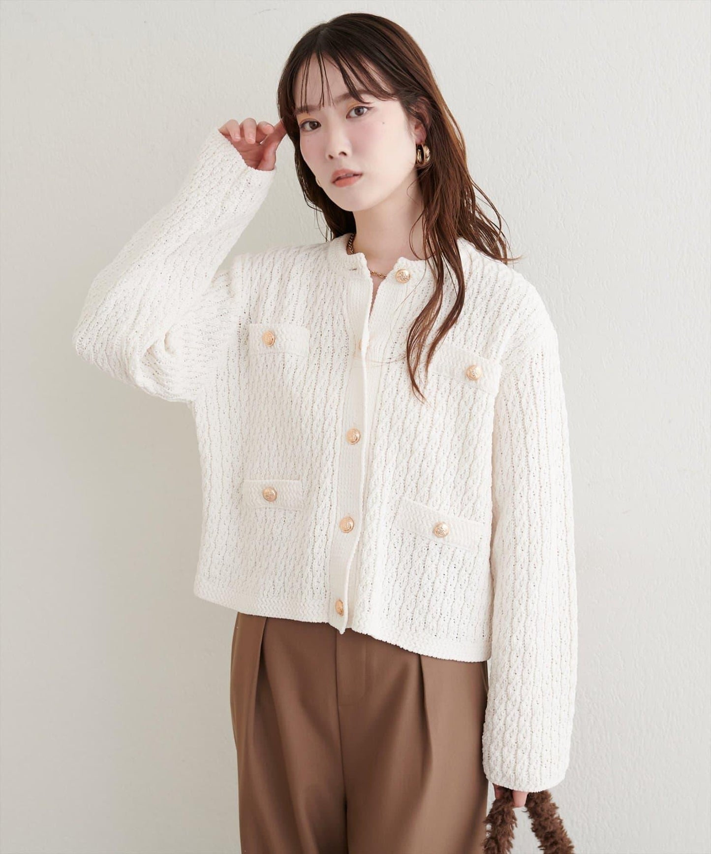 金色紐扣天鵝絨絨線麻花針織開衫