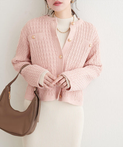 金色紐扣天鵝絨絨線麻花針織開衫