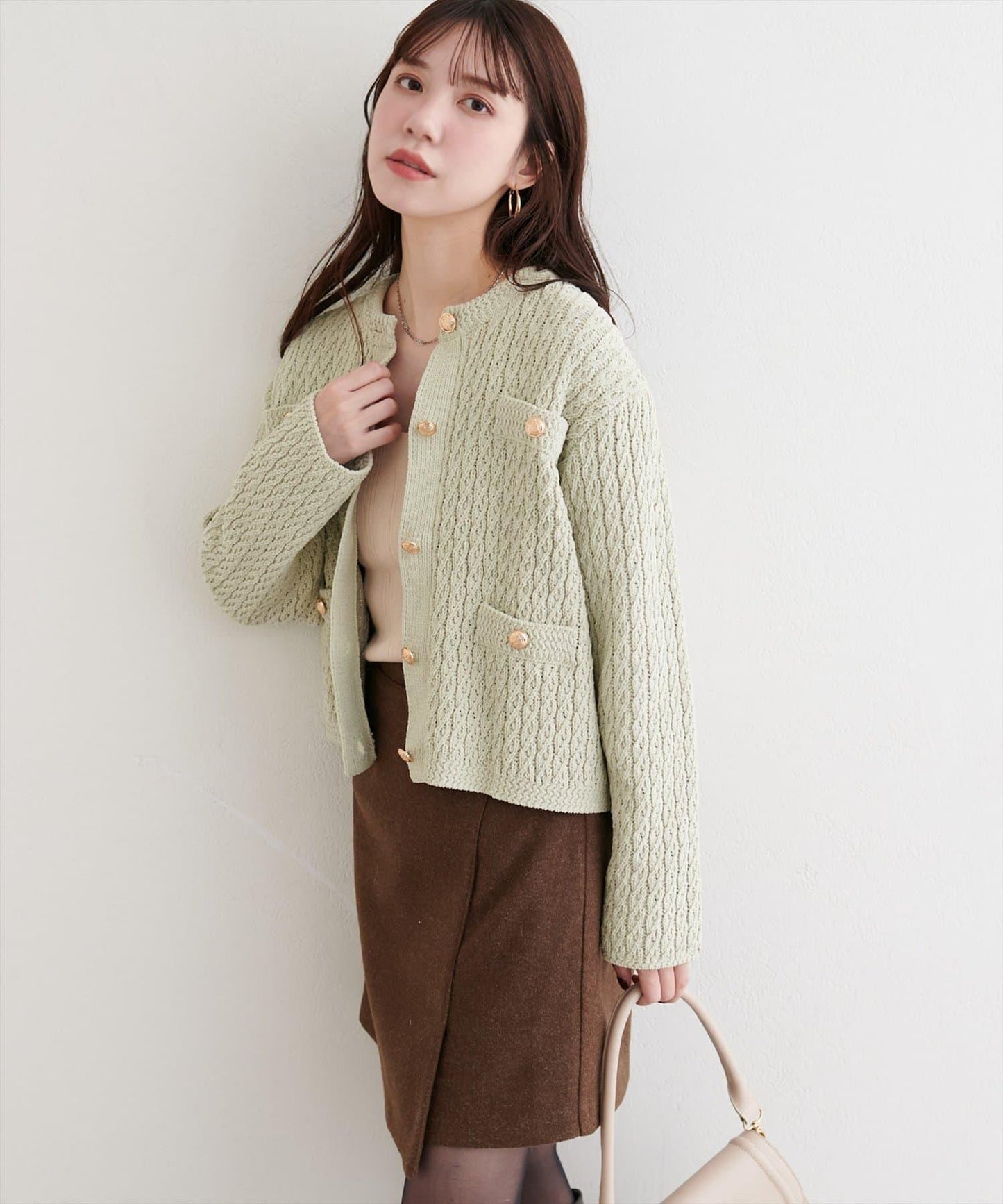 金色紐扣天鵝絨絨線麻花針織開衫