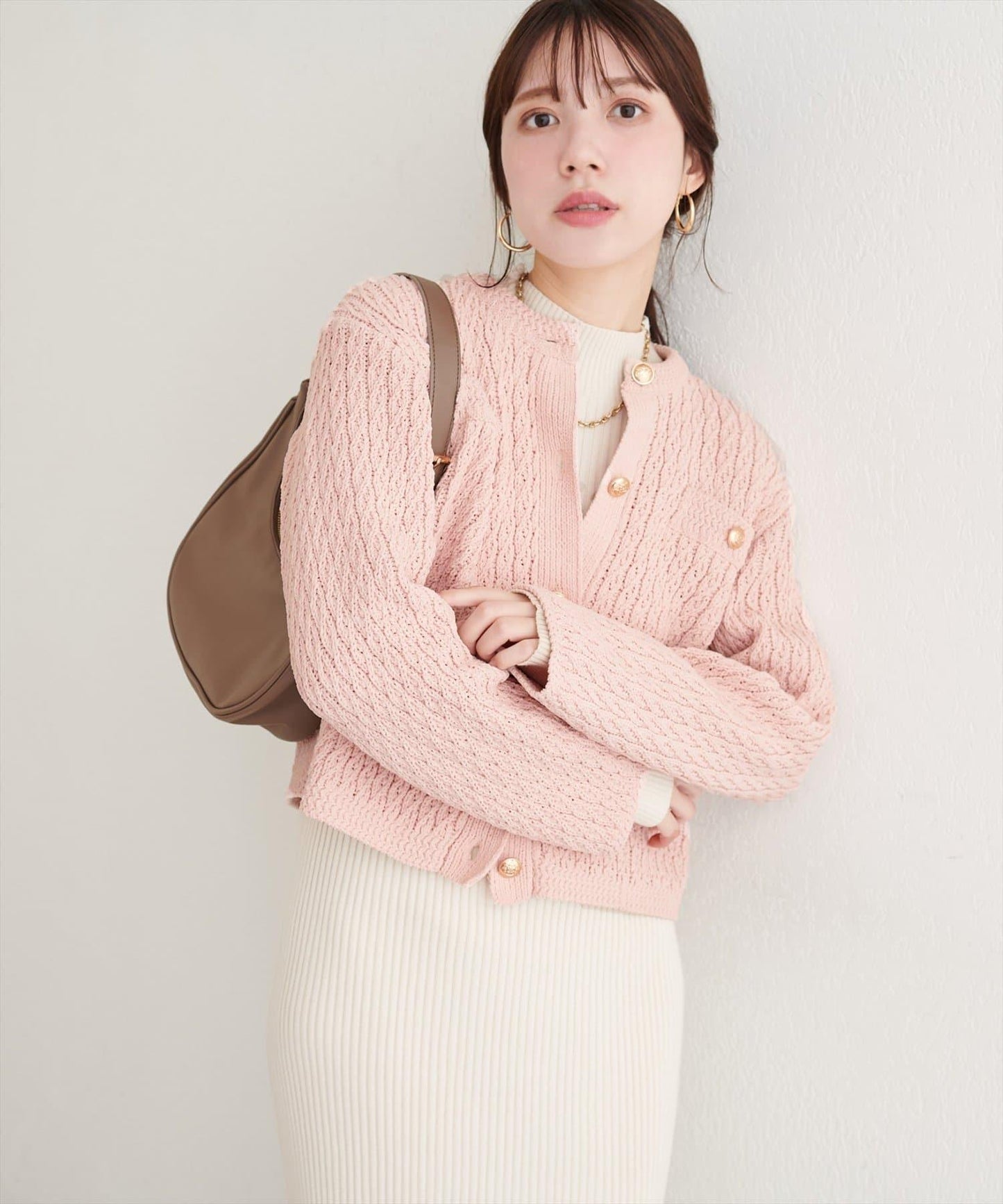 金色紐扣天鵝絨絨線麻花針織開衫