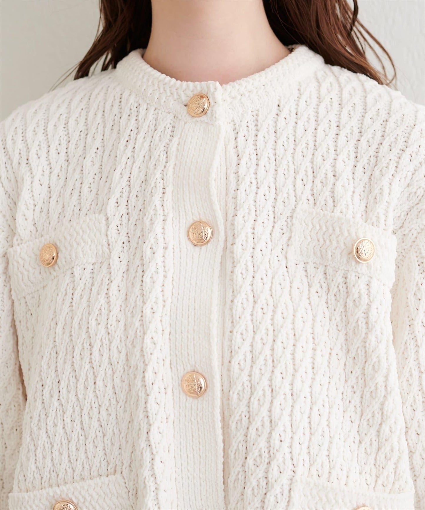 金色紐扣天鵝絨絨線麻花針織開衫