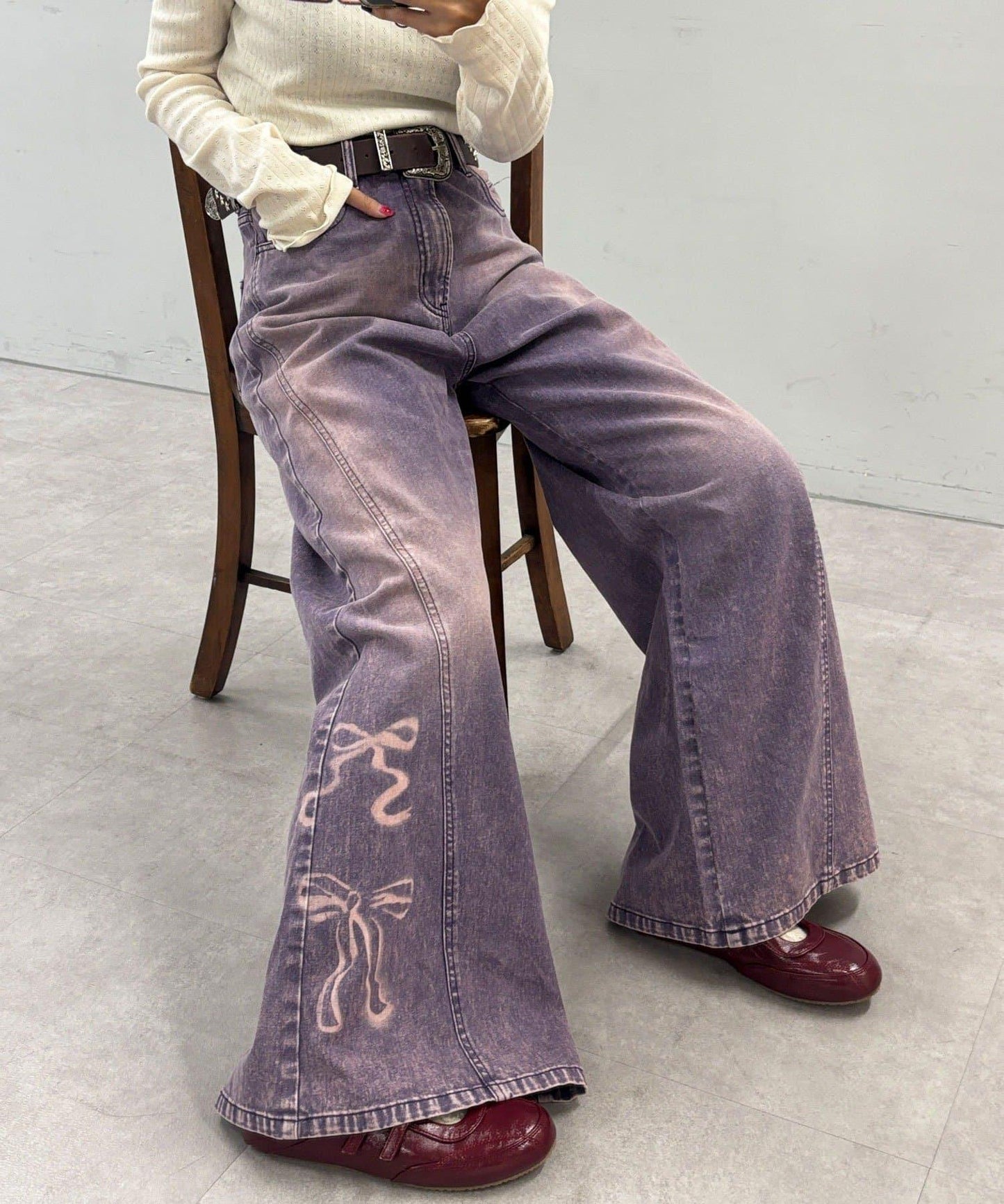 蝴蝶結拔染印花牛仔褲