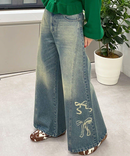 蝴蝶結拔染印花牛仔褲