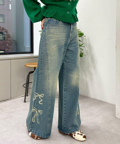 蝴蝶結拔染印花牛仔褲