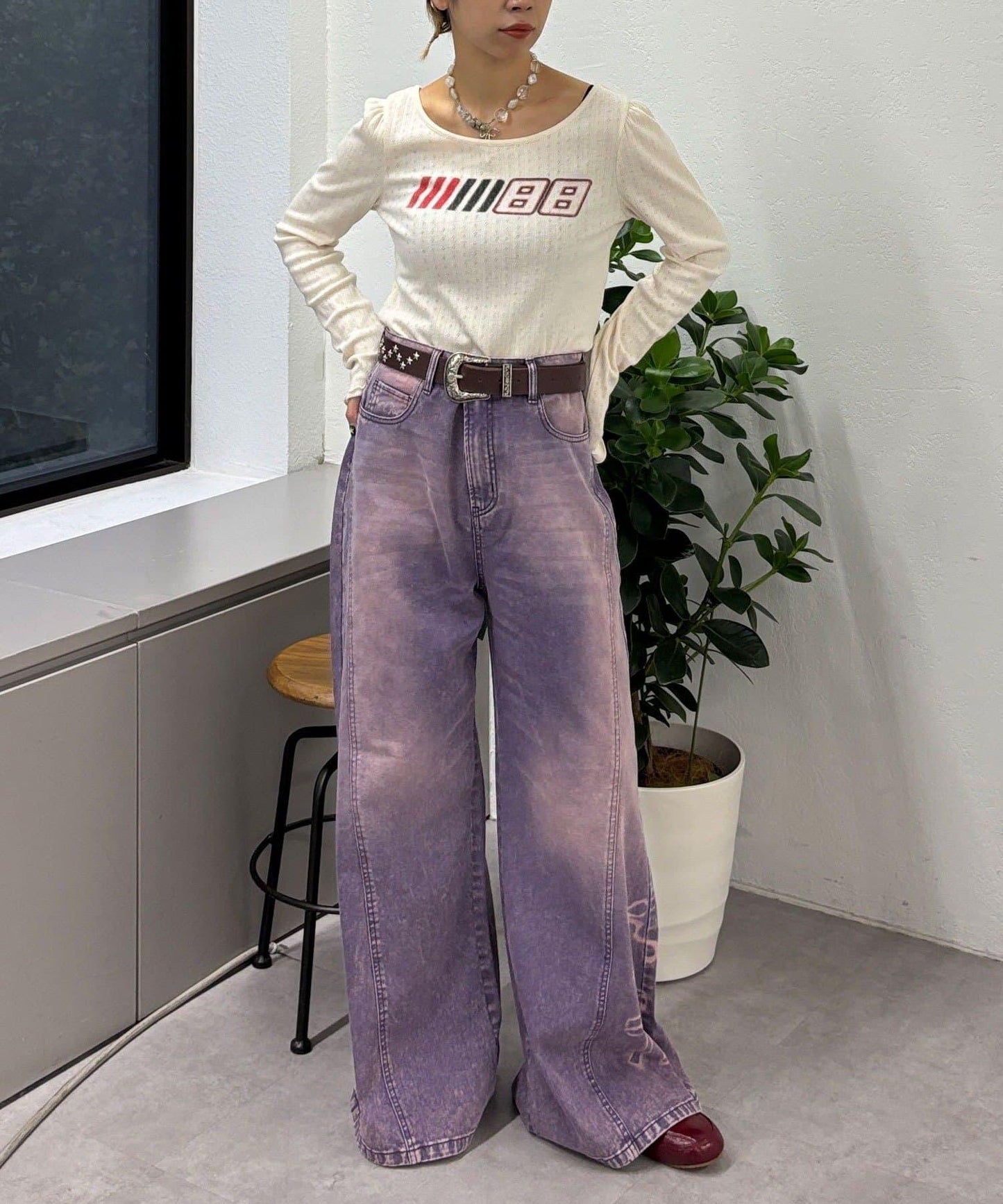 蝴蝶結拔染印花牛仔褲