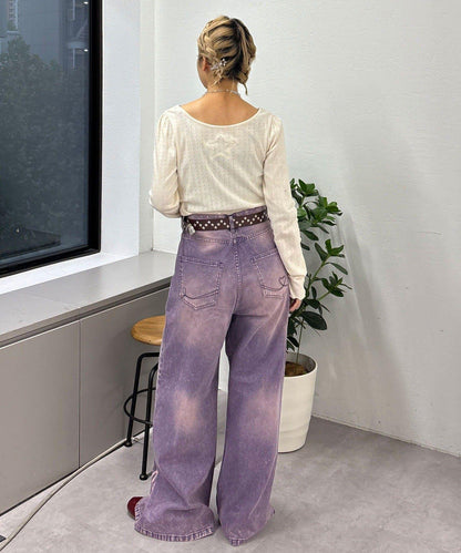 蝴蝶結拔染印花牛仔褲