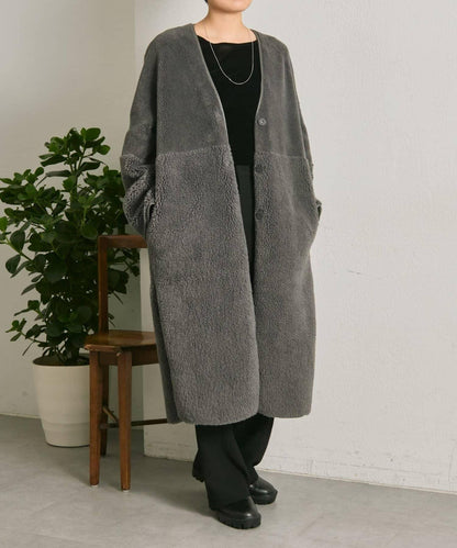 無領羊羔絨長款大衣【SUM1 STYLE(スミスタイル)】