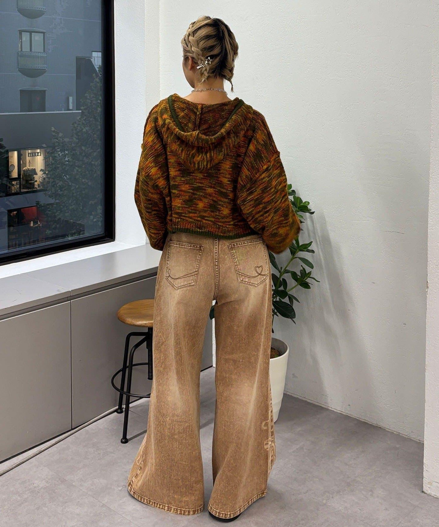 蝴蝶結拔染印花牛仔褲