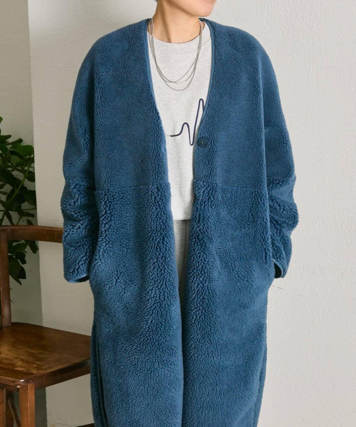 無領羊羔絨長款大衣【SUM1 STYLE(スミスタイル)】