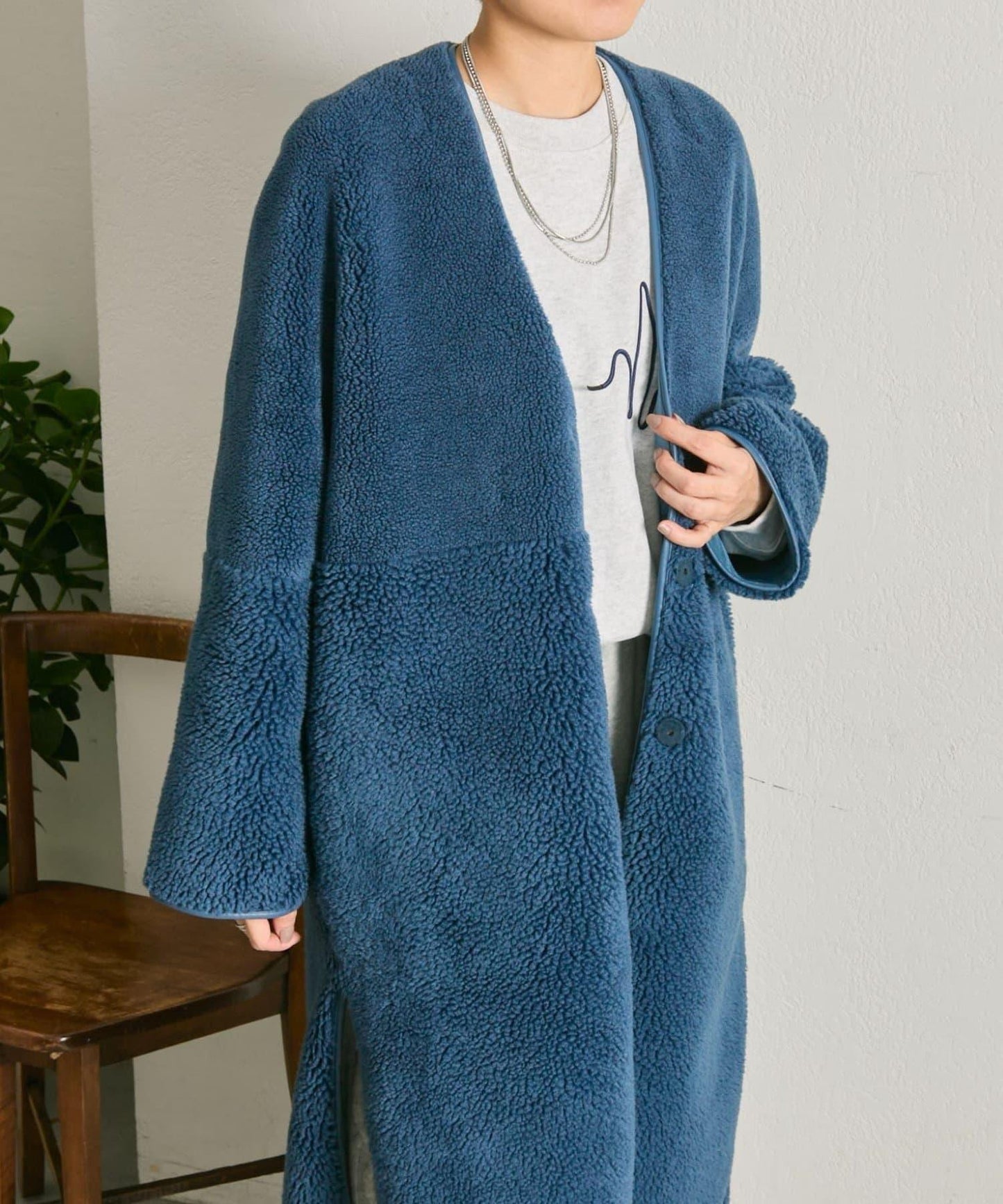 無領羊羔絨長款大衣【SUM1 STYLE(スミスタイル)】